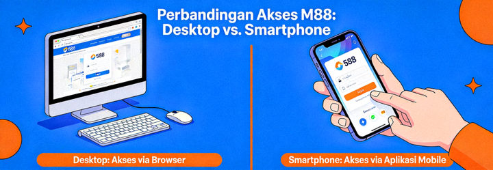 Animasi ilustrasi perbandingan akses M88 melalui desktop dan smartphone, menunjukkan keunggulan fleksibilitas mobile