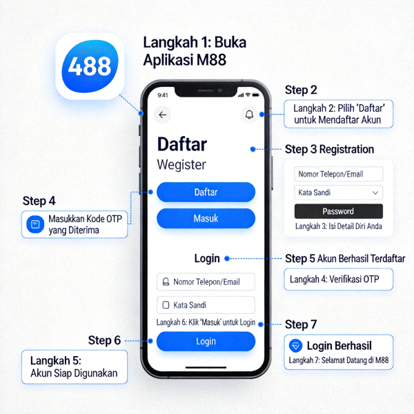 Animasi langkah-langkah proses login dan pendaftaran akun M88 melalui smartphone