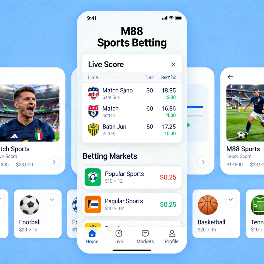 Antarmuka mobile untuk taruhan olahraga M88 dengan tampilan live score dan pasar taruhan yang mudah diakses