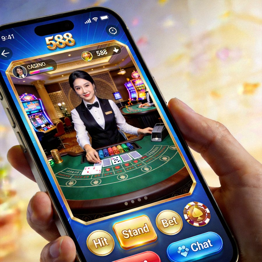 Tampilan live casino M88 di smartphone dengan kontrol touch untuk interaksi dengan dealer